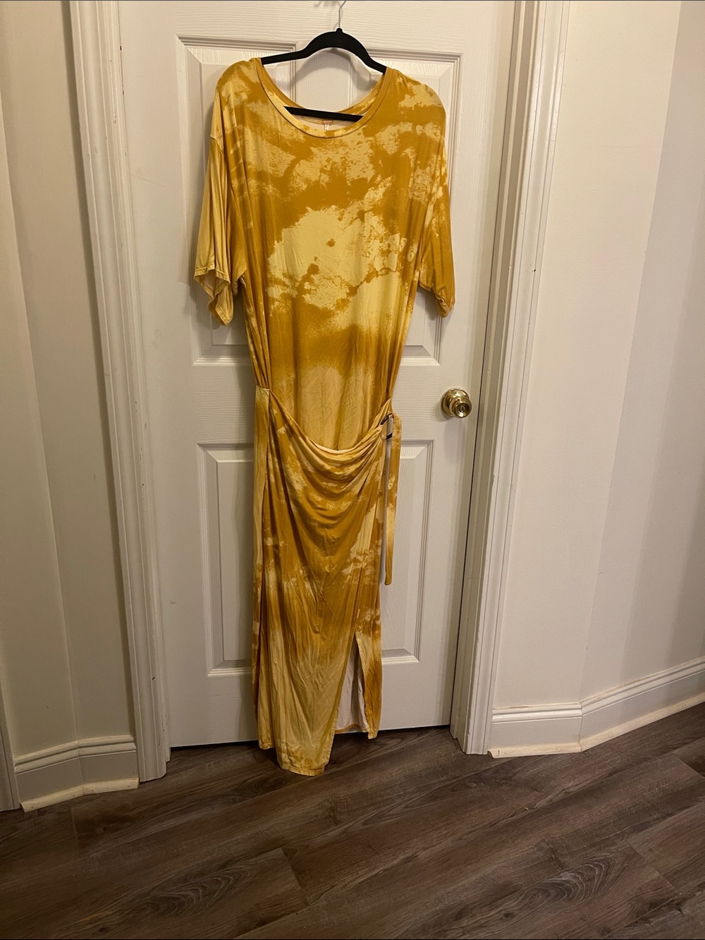 Free People Mustard Yellow Tie-Dye Maxi Dress with Side Drape